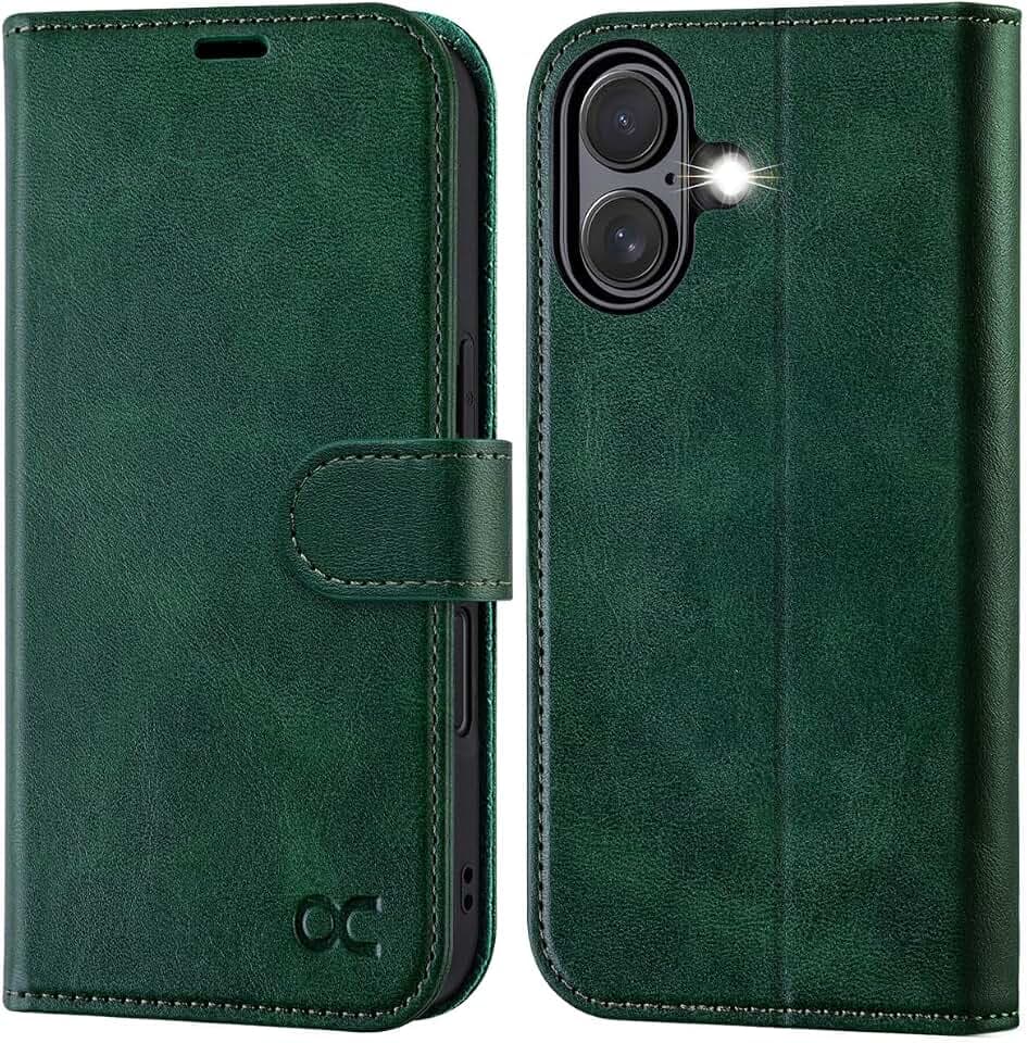 OCASE Compatible with iPhone 16 Plus Wallet Case, PU Leather Flip Folio Case with Card Holders RFID Blocking Kickstand [Shockproof TPU Inner Shell] Phone Cover 6.7 Inch 2024, Blackish Green