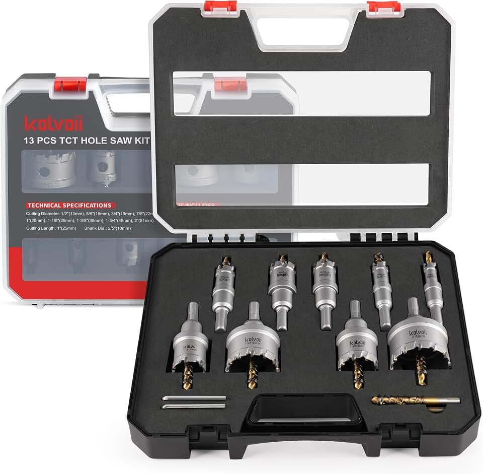 Kolvoii 13-Piece TCT Carbide Hole Saw Kit for Metal, 1/2"-2"
