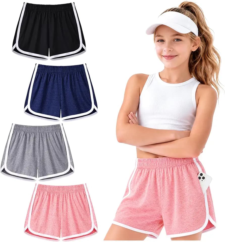 BOOPH 4 Packs Girls Shorts Quick Dry Kids Athletic Soccer Running Shorts