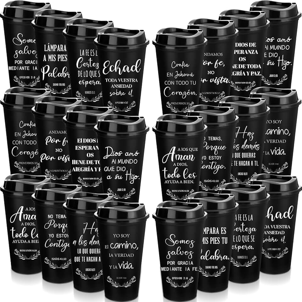 Zhehao Spanish Bible Verse Tumblers Bulk, 16 oz Reusable Christian Cups with Lids, Plastic Coffee Cups for Church Events, Bible Study, Sunday School, Teacher Appreciation(Black,48)