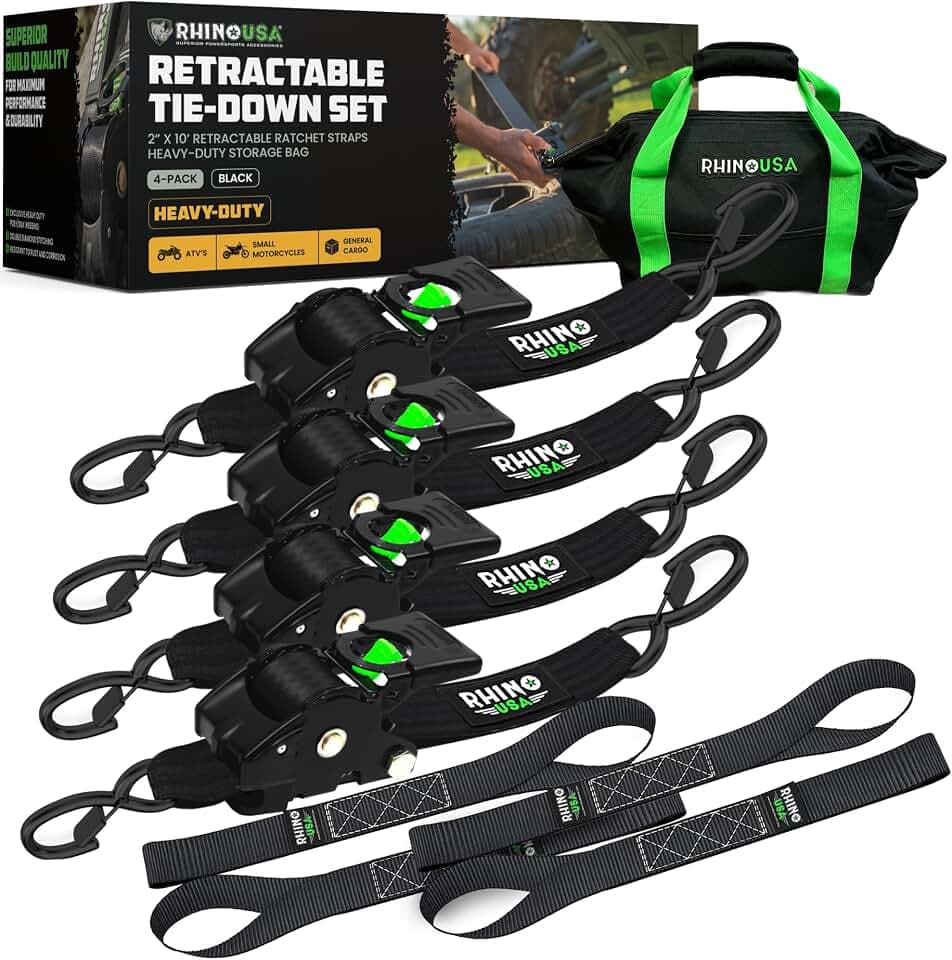 Rhino USA Retractable Ratchet Straps (4-Pack) - 2in x 10ft, 3,033lb, Black