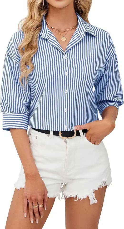 siliteelon Striped Button Down Shirt Women 3/4 Sleeve Collared Dress Shirt