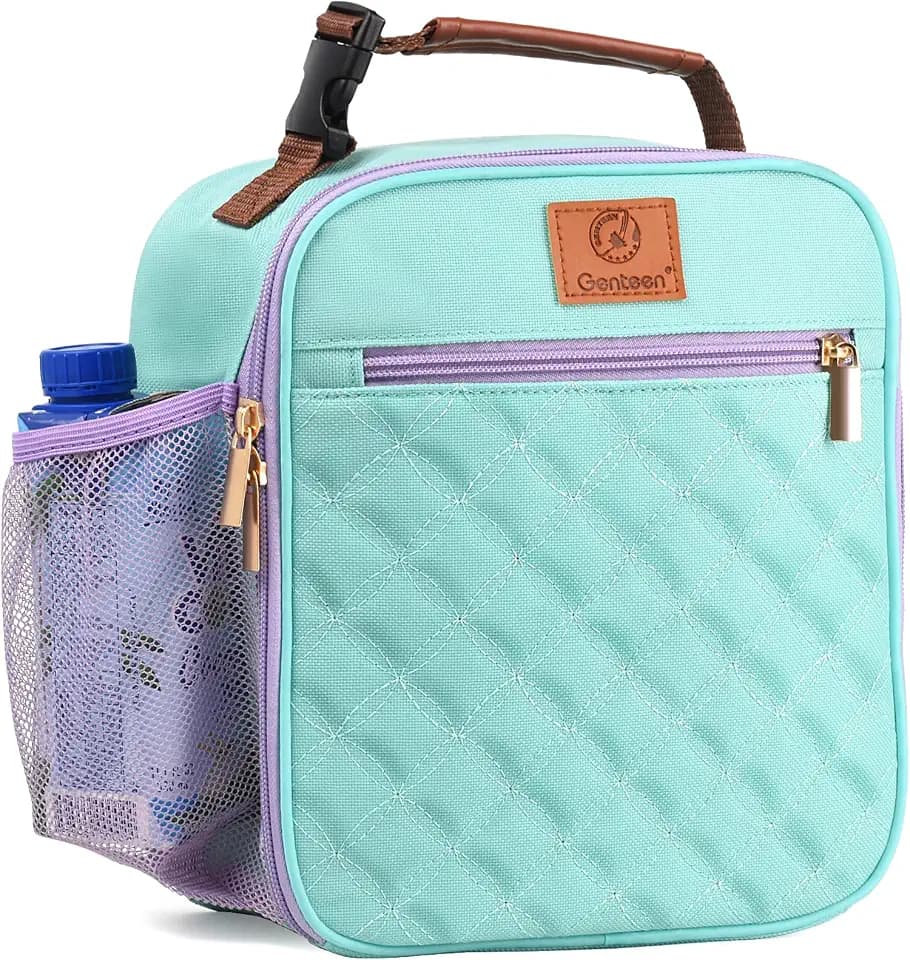 Genteen Kids Lunch Box Insulated Soft Mini Cooler with Bottle Holder, Lightweight Reusable Easy-Clean Lunch bag for Girls, Boys Back to School-Light Green