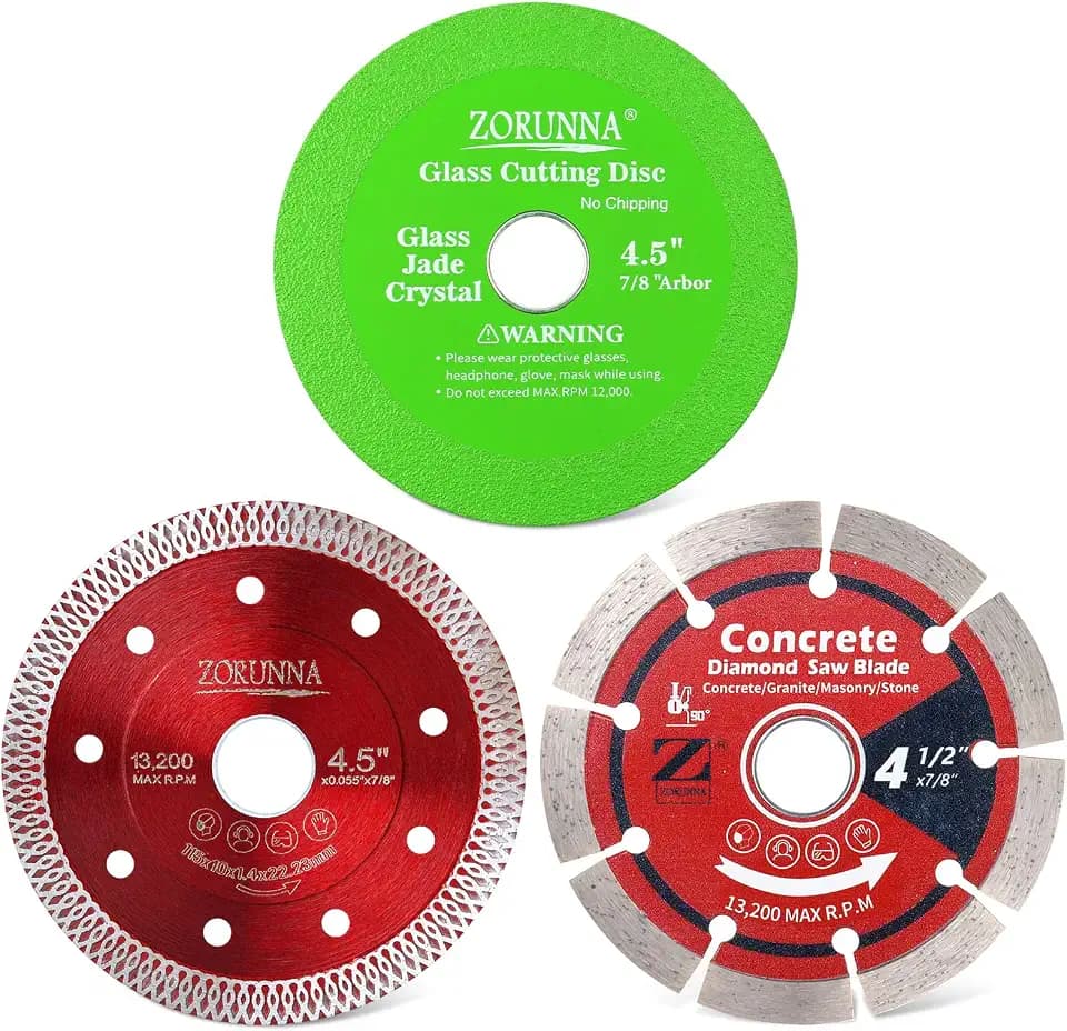 ZORUNNA 3Pcs 4.5 Inch Glass Cutting Disc, Diamond Blade for Angle Grinder