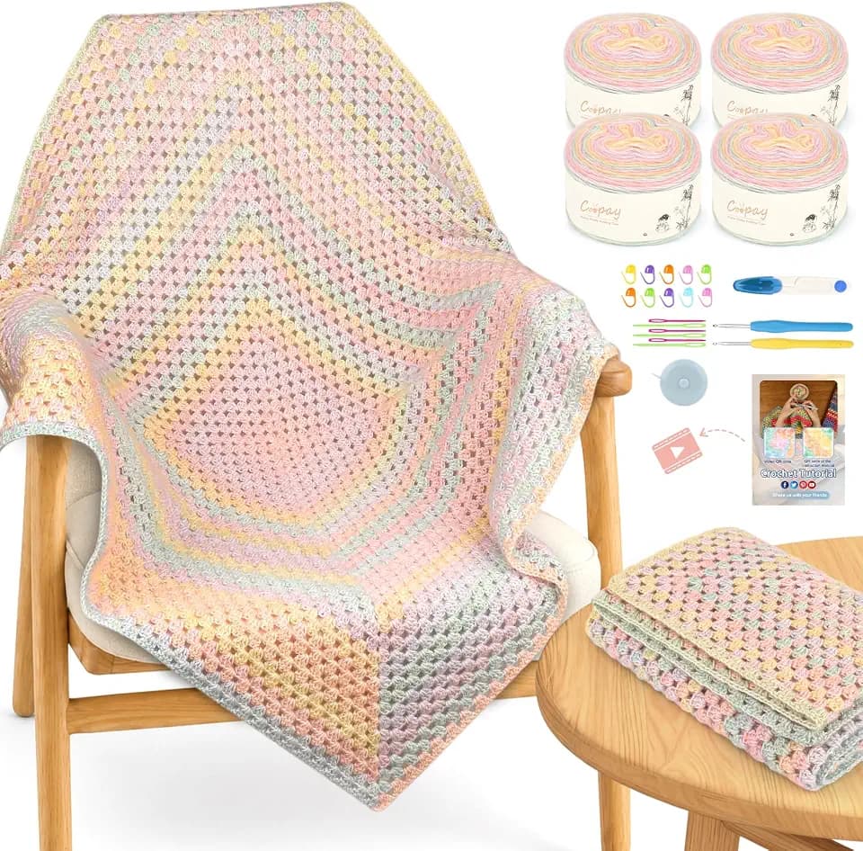 Coopay Häkeldecken-Set, quadratische Decke, Macaron-Farbverlauf