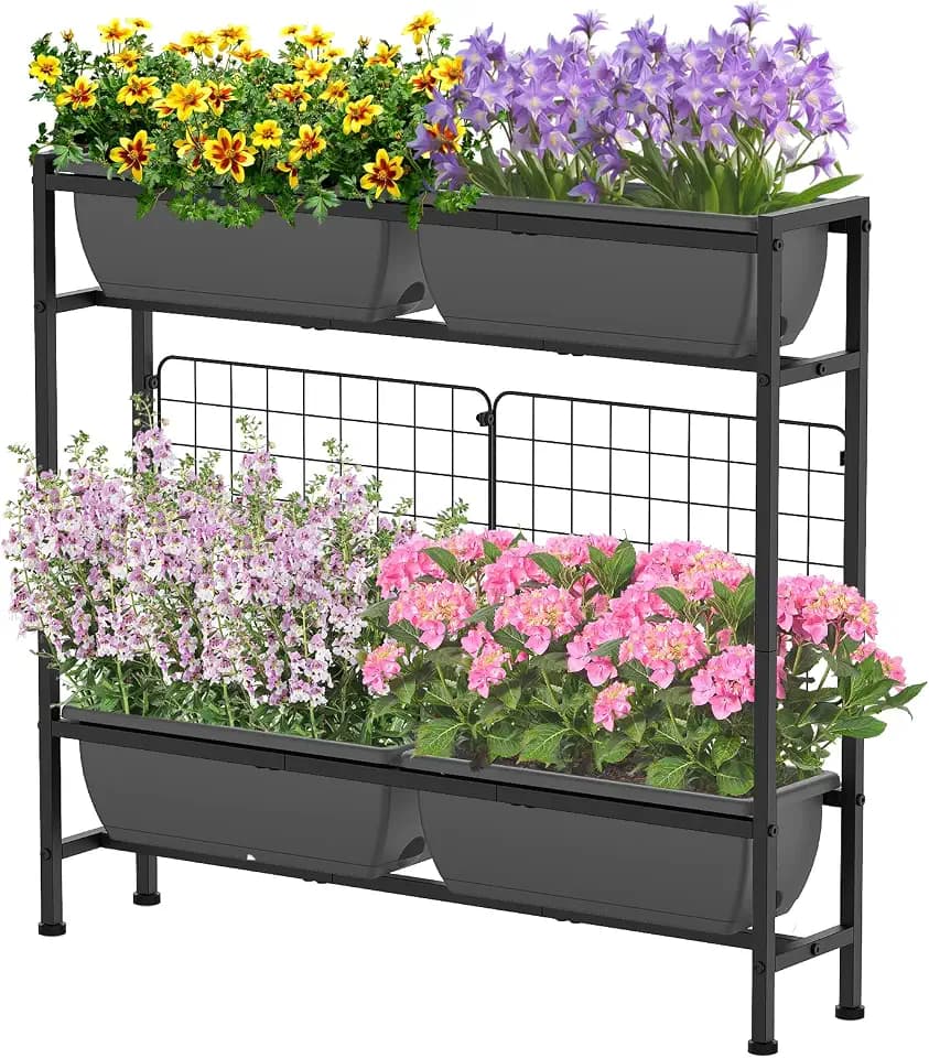 CADUKE Raised Planter Box, Plastic Raised Garden Bed with Legs, Standing Planter Box with Drainage Holes & Trellis, 32" Elevated Flower Beds Outdoor & Indoor for Vegetables, Balcony, Patio, Grey