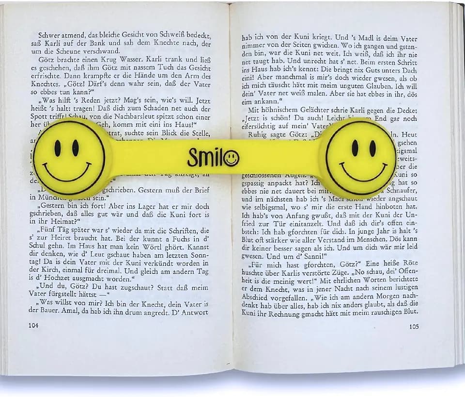 Smilo® Buchstopper Bunter Seitenhalter für entspanntes Lesevergnügen Verstellbares Buchgewicht Silikonmarkierer und Seitenklammer für Kinder und Erwachsene in 4 Farben mit Smiley-Gesichtern