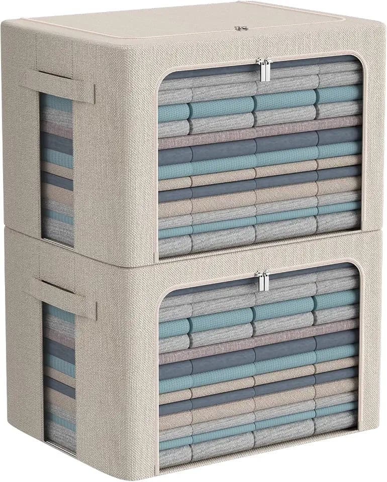 Clothes Storage Bins with Metal Frame, Clear Windows, 66L, Beige, 2-Pack