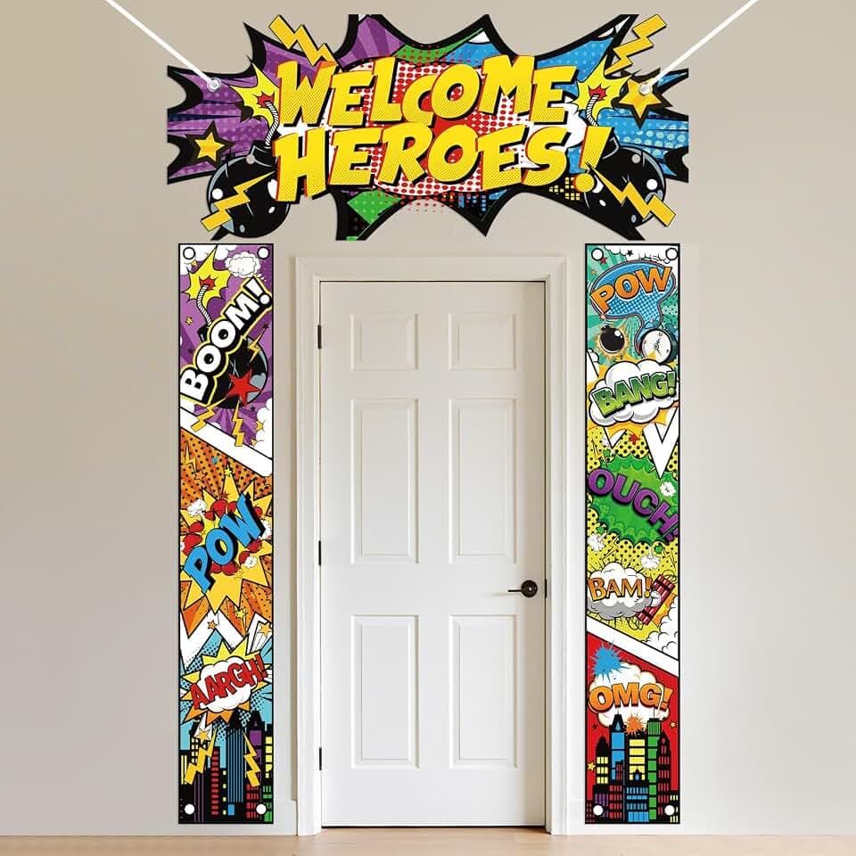 Hero Party Decorations Door Banner Welcome Heroes Porch Sign Archway, Comic Book Pop Art Theme Photography Backdrop Super City Door Banner for Kids Birthday, Classroom, Bedroom Decor, Baby Shower