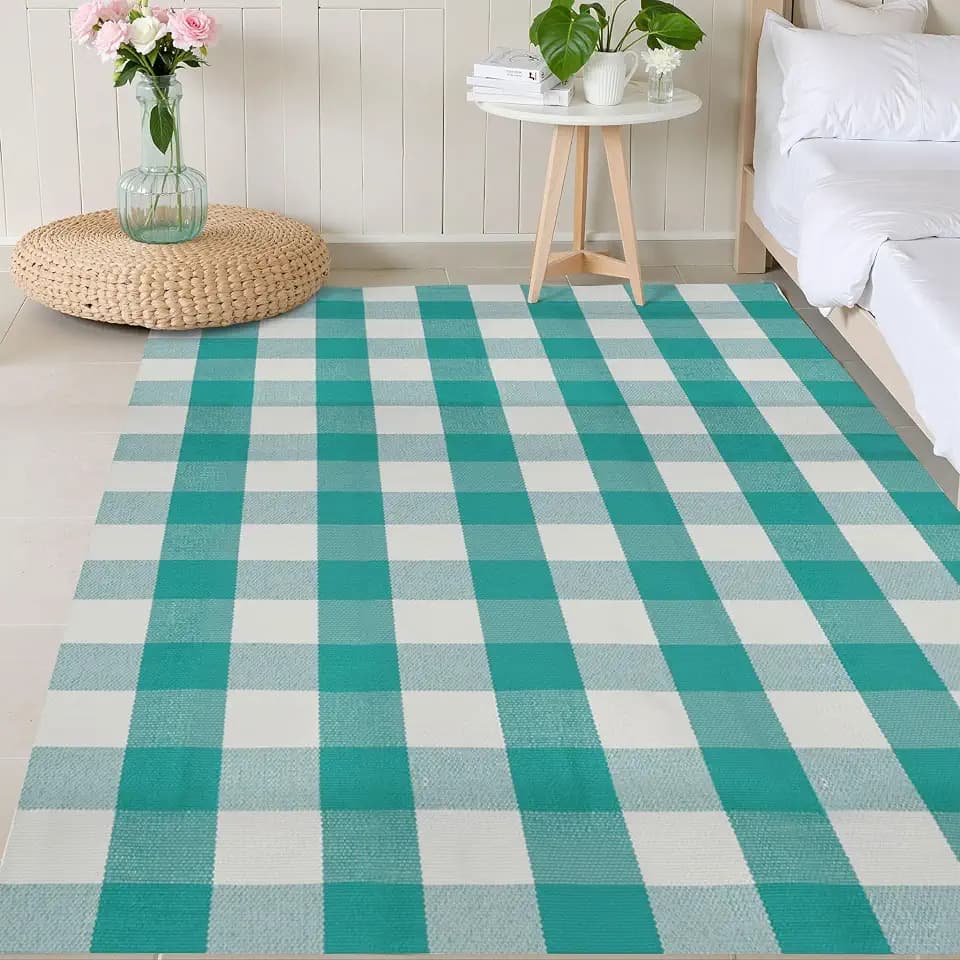 SEEKSEE Buffalo Plaid Rug 4' x 6' Light Blue and White Large Front Door Mat, Layering Area Rug, Spring Summer Rug for Outdoor Patio Entryway Indoor Living Room Kitchen Dining Room Decor