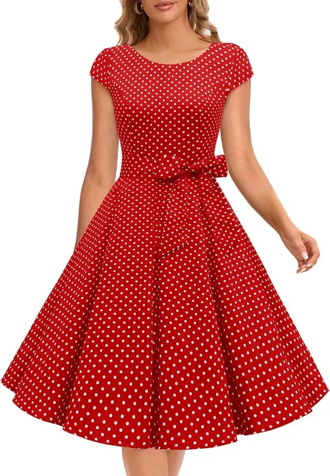 Dressystar Damen Vintage 50er Cap Sleeves Dot Einfarbig Rockabilly Swing Kleider