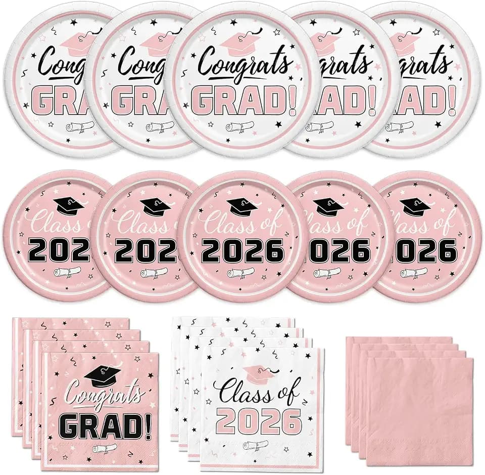 Graduation Party Supplies Kit Serve 50 Graduation Party Class of 2026 Tableware Pink Disposable Dinner Plates Dessert Plates Napkins for Congrats Grad Party Decorations