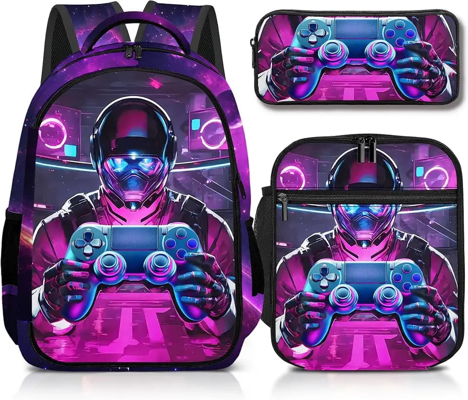 Boys Backpack, Gamer Backpack with Lunch Box and Pencil Case