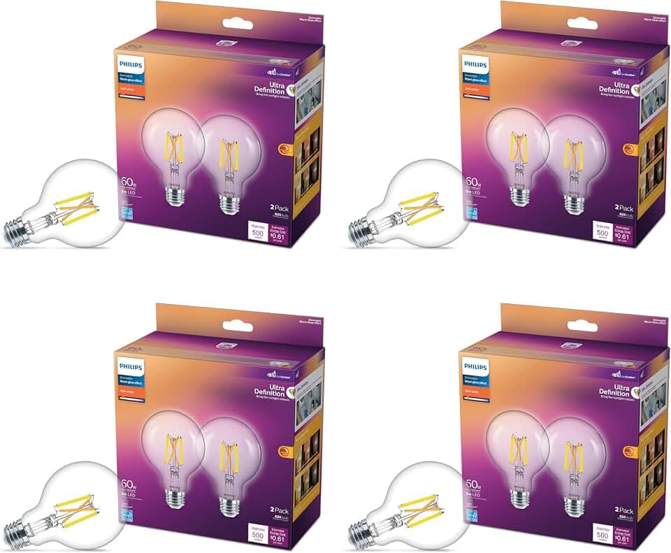 PHILIPS LED 60W G25 8-Pack Ultra Definition Soft White (5W = 65W) Dimmable Clear Flicker-Free Light Bulb