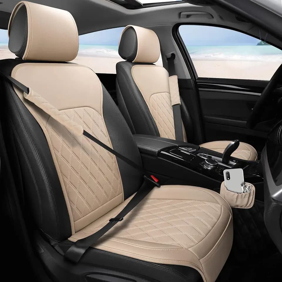 Front Car Seat Covers - Leather Seat Covers with Storage Pocket and Two Belt Pads, Anti-Slip Waterproof Universal Seat Covers for Cars Fit Cars Trucks SUV(Beige,2 Pack)