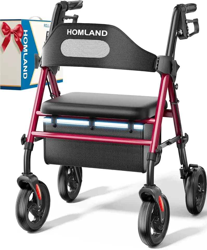 HOMLAND Foldable Rollator Walker with Seat for Seniors, 16" Extra-Wide Seat