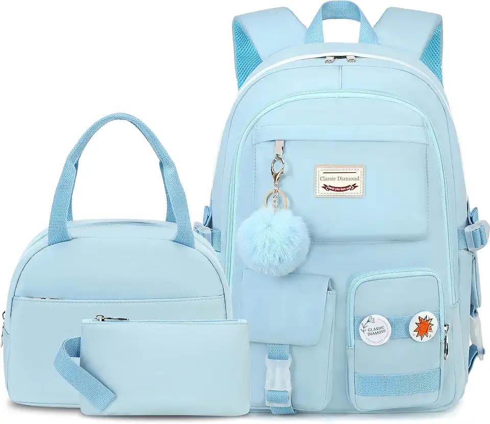 Classic Diamond School Backpack for Girls with Lunch Box Cute Backpacks for Girls Backpack Bookbag Backpacks for Teens (Blue)