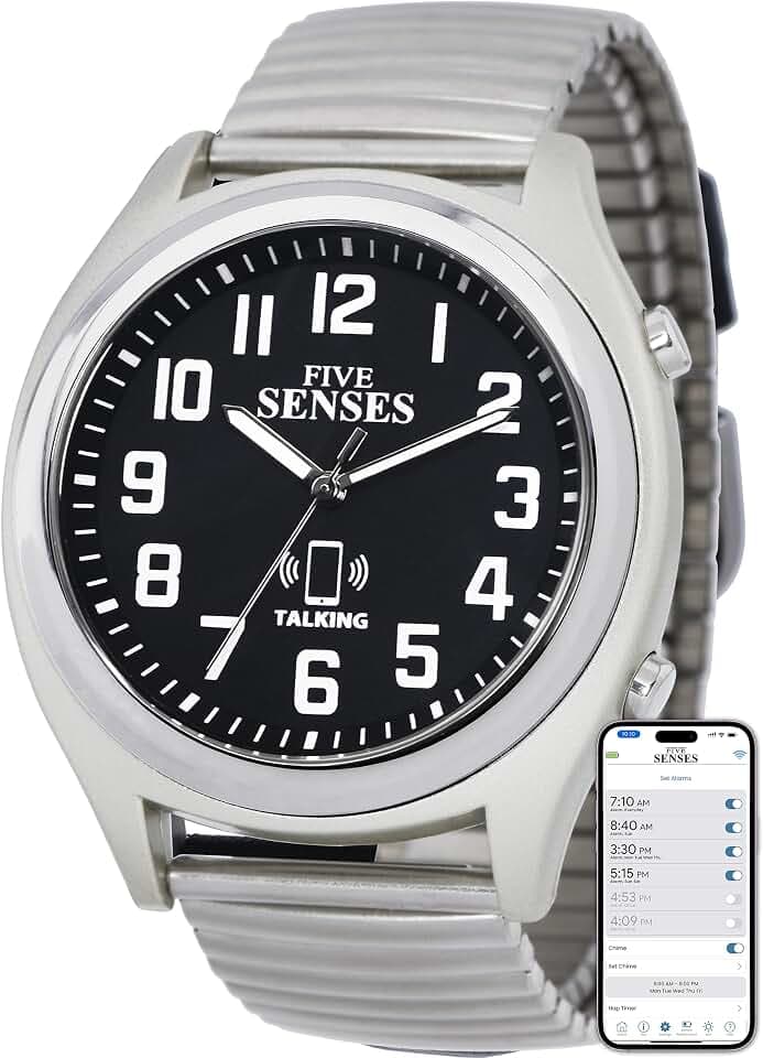 FIVE SENSES Smart Atomic Sprechende Uhr mit Spracherinnerungen und App-Steuerung für Senioren und Sehbehinderte, ein tolles Geschenk für blinde Männer und Frauen, sprechende Uhren für Blinde, silber