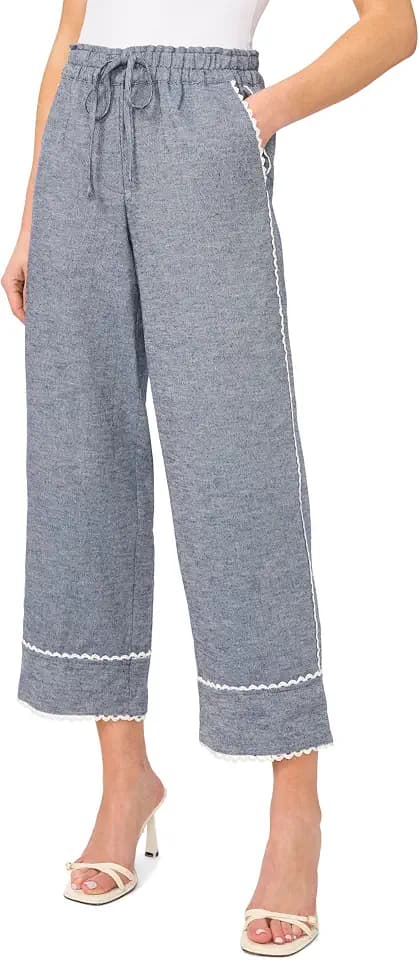 CeCe Linen Denim Elastic Waist Scallop Trim Pants