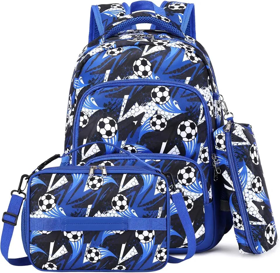 mygreen 3-in-1 Kids Backpack Set with Lunch Box & Pencil Case Blue Soccer