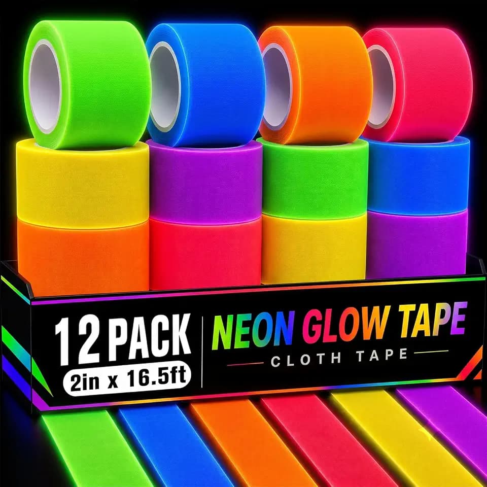 12 Pack Neon Gaffer Cloth Tape, UV Blacklight Fluorescent Reactive Tape
