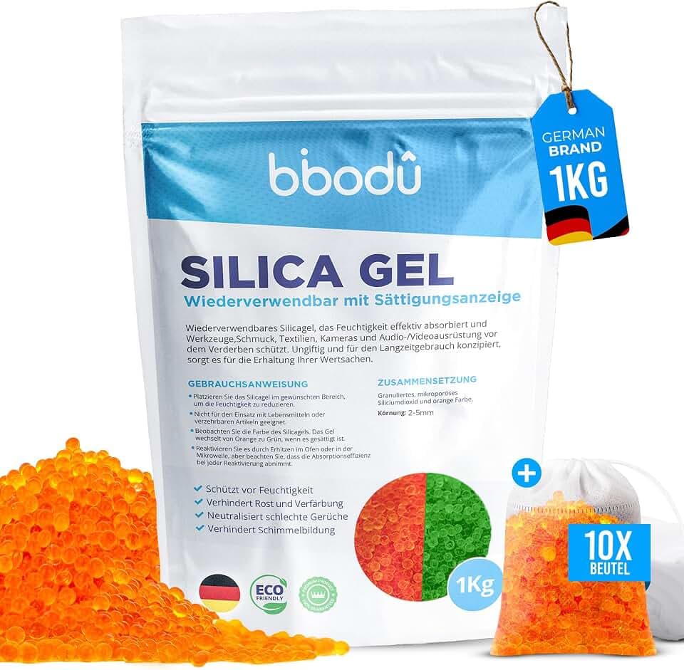 Silica Gel Orange 1KG + 10 Beutel | Silica Kugeln Wiederverwendbar mit Sättigungsindikator | Ideal für Schränke, Schubladen und Elektronik