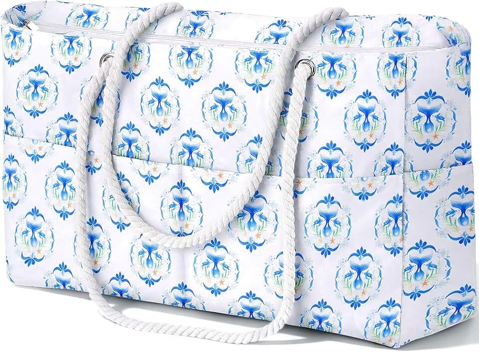 Aloha Coastal Beach Bag for Women, Large Beach Tote bag with Zipper & 5 Pockets, Waterproof Sandproof Canvas Tote