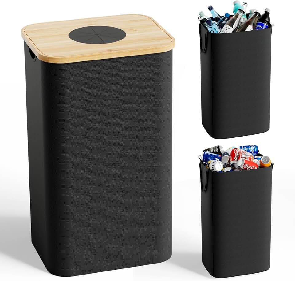 26 Gallon (100L) Recycling Bins for Kitchen with Bamboo lid, Black