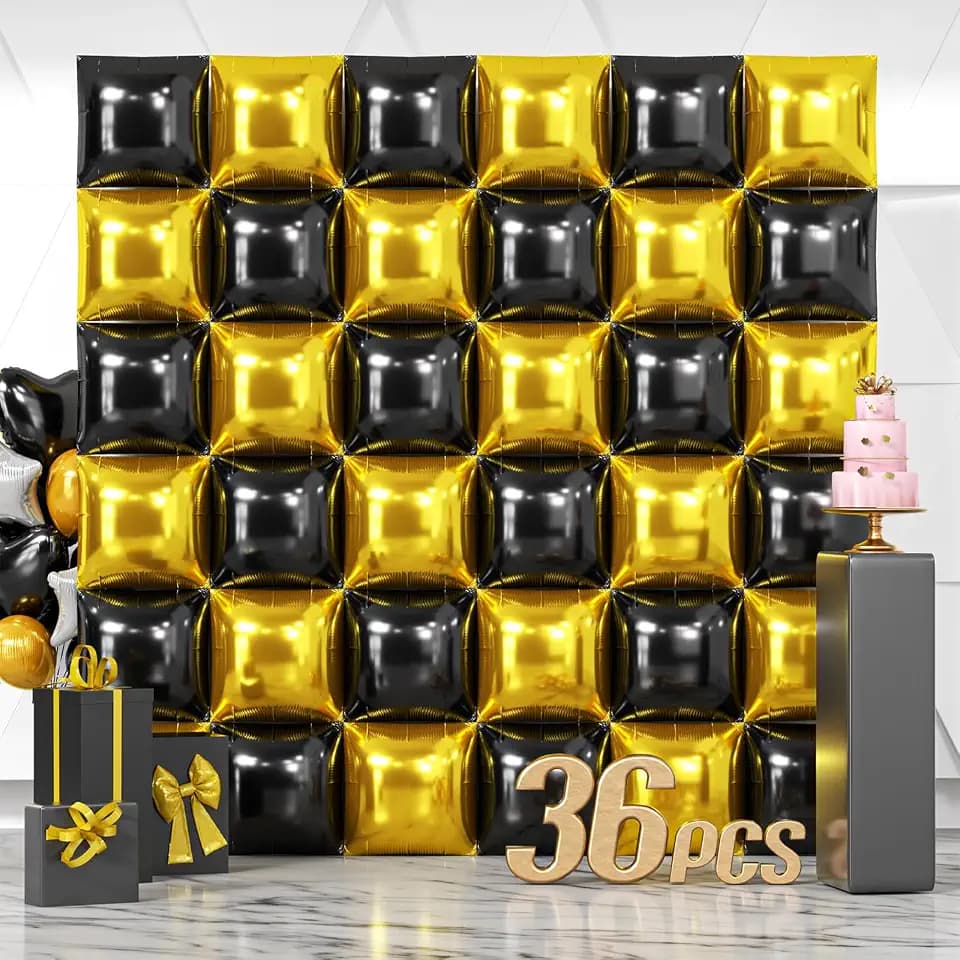 NISOCY 36PCS Black and Metallic Gold Square Foil Balloons Wall Backdrop