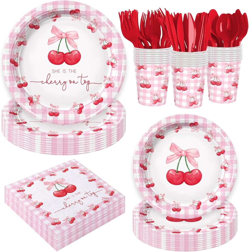 168pcs She's the Cherry on Top Birthday Supplies Cherries Bow Baby Shower Party Supplies Disposable Cherry Party Paper Plates and Napkins Tableware Set 24 Guests