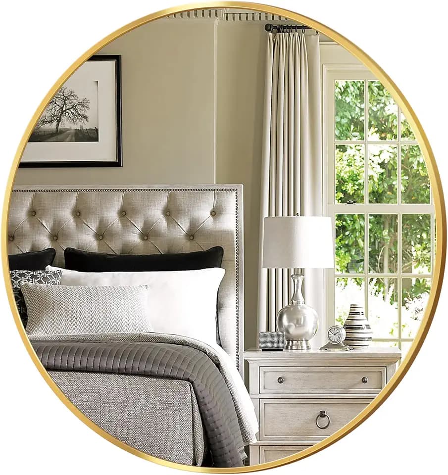 Antok Spiegel Rund, 62cm Gold Dekorative Wandspiegel für Bad, Eitelkeit, Wohnzimmer, Eingangsbereich, Runder Spiegel Hängend oder Lehnend, Aluminium Rahmen
