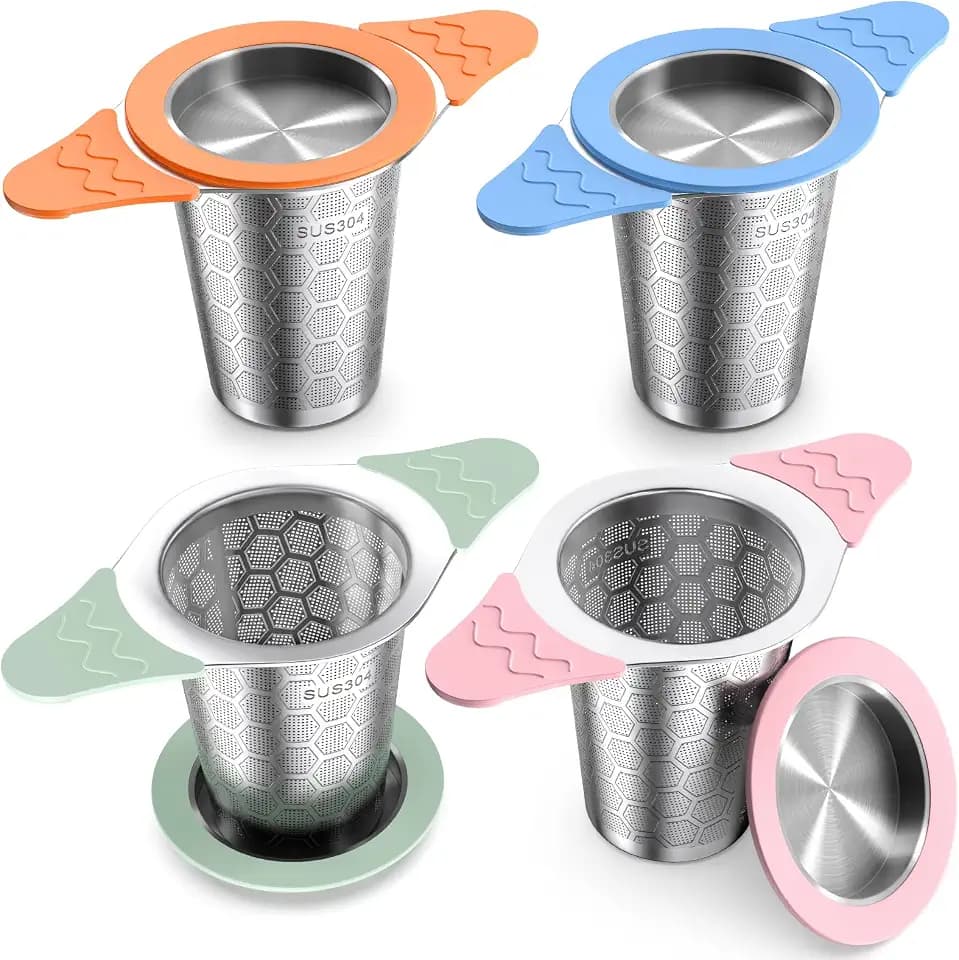 yomanta 4 Stück Teesieb für Losen Tee mit Deckel, Teefilter mit Hitzebeständiger Silikongriff, Tea Infuser 0.4mm Feines Netz, Teesieb Edelstahl 304, Teeei für Losen Tee