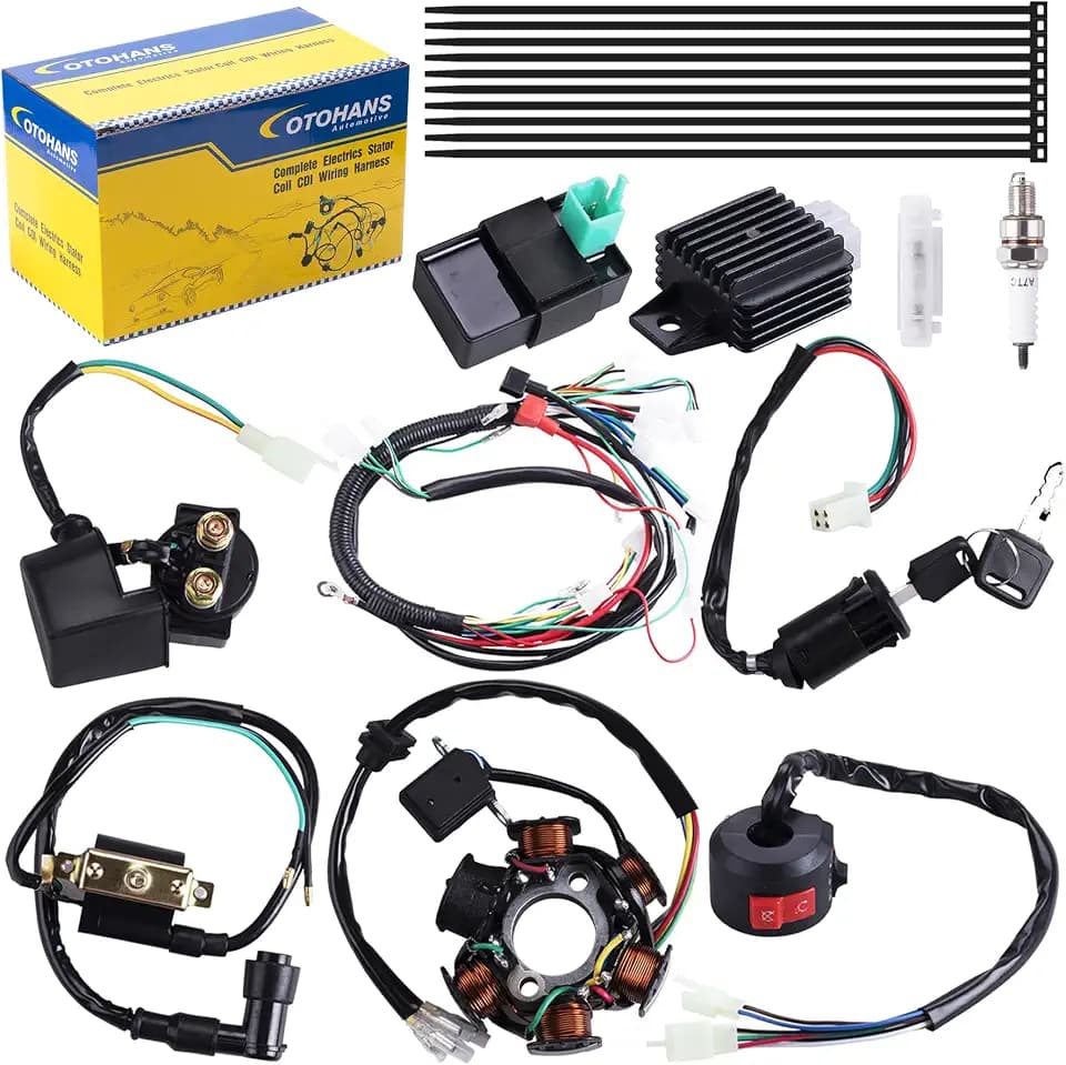 Complete Electrics Wiring Harness Coil Stator Solenoid Relay CDI Spark Plug for 4 Wheelers Stroke ATV 50cc 70cc 90cc 110cc 125cc Go Kart Pit Quad Dirt Buggy Bike Parts By OTOHANS AUTOMOTIVE