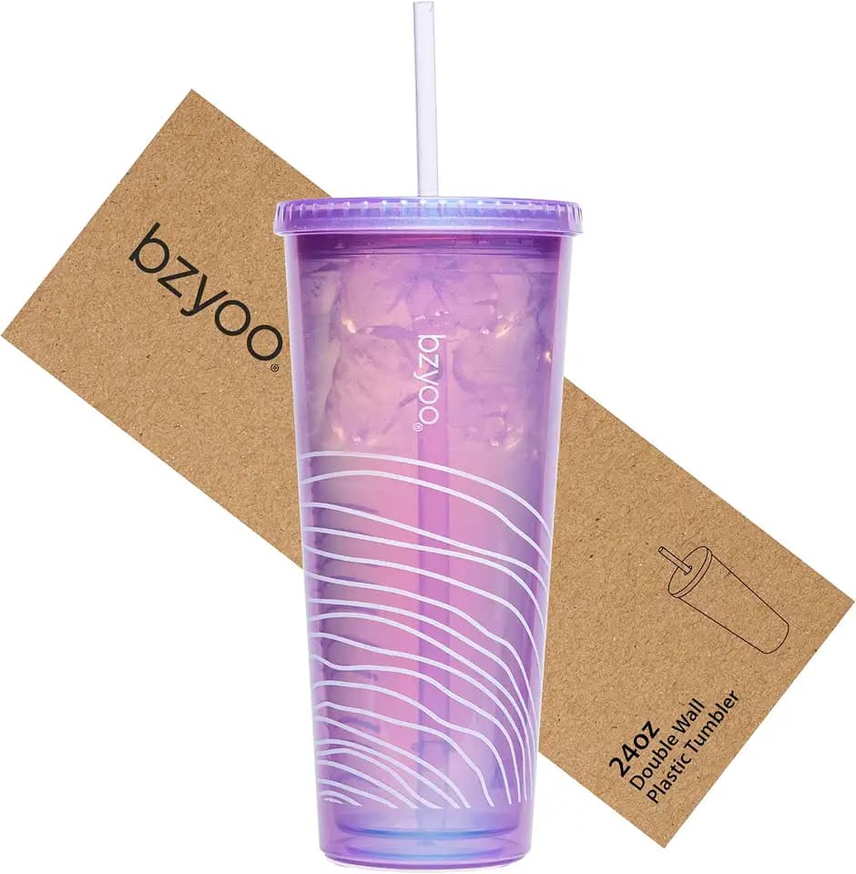 bzyoo SIP Doppelwandiger Kunststoffbecher mit Deckel und Strohhalm, Reisebecher für kalte Getränke, wiederverwendbar, für Eiskaffee, Tee, perfekt für Büro, Pool, Partys, Geschenke, Farbe: Perlviolett