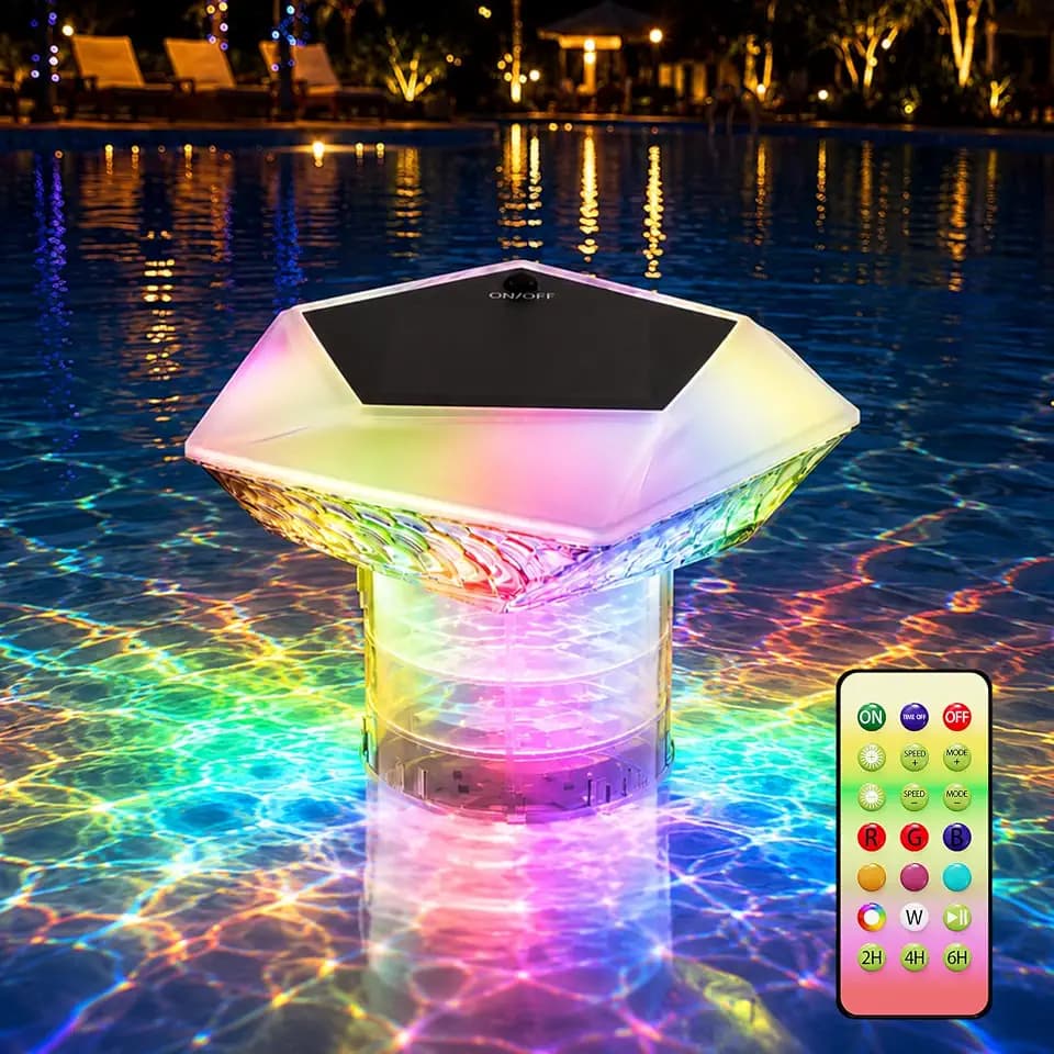 MQFORU Dosierschwimmer Pool, 7 Farben Dosierschwimmer Whirlpool, Chlorschwimmer Pool mit Bunte Lichter, Solar Poolbeleuchtung mit Fernbedienung, für Hot Tub und Großraumpool, Einstellbare Freigabe