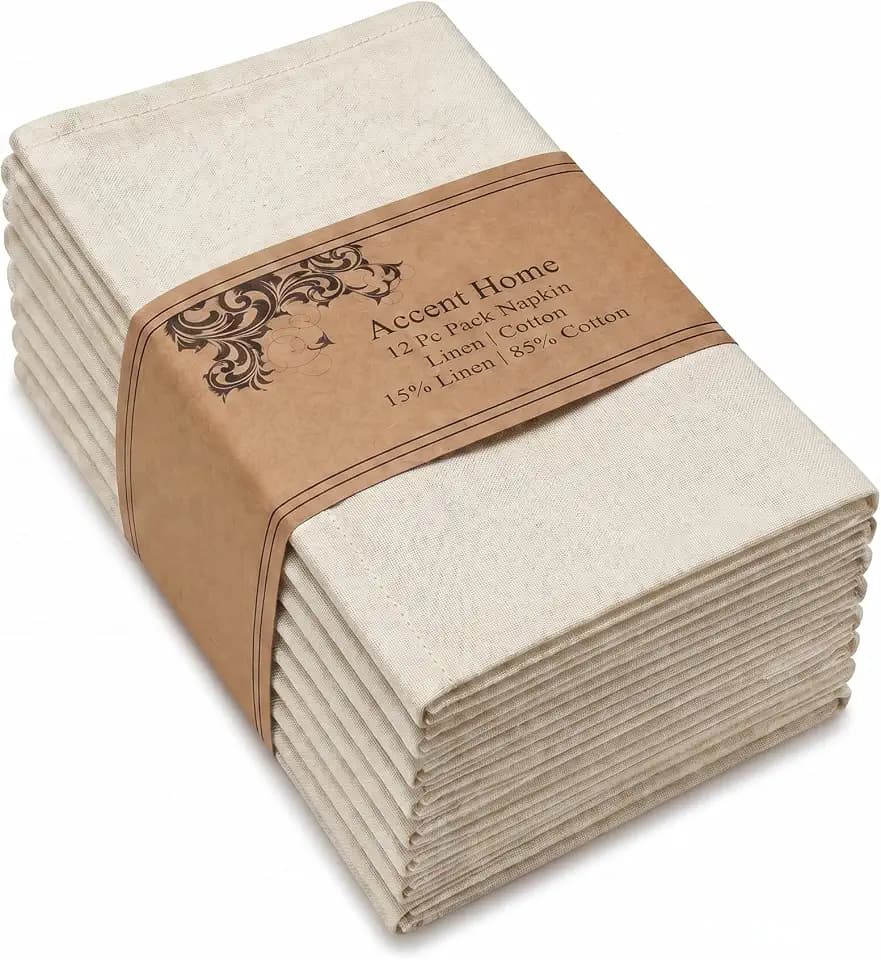 ACCENTHOME Natural Cotton Linen Napkin Set of 12 18x18 inch Dinner Napkins