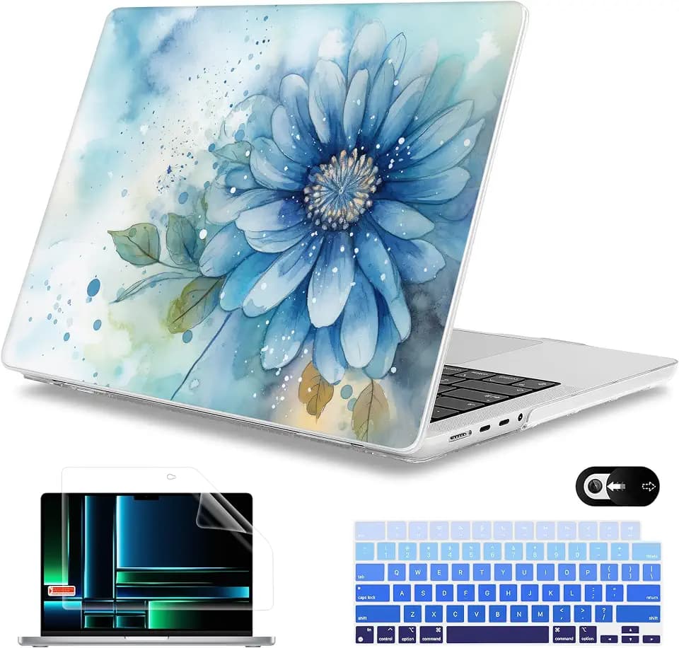 Mektron Case for M5 MacBook Pro 14 inch 2026 Model A3427 A3426 Fit 2025-2021 Model A3434 A3112 M4 A3112 A3401 A3185 M3 A2918 A2992 M2 A2779 M1 A2442 Pro/Max Cover, Watercolor Blue Flower