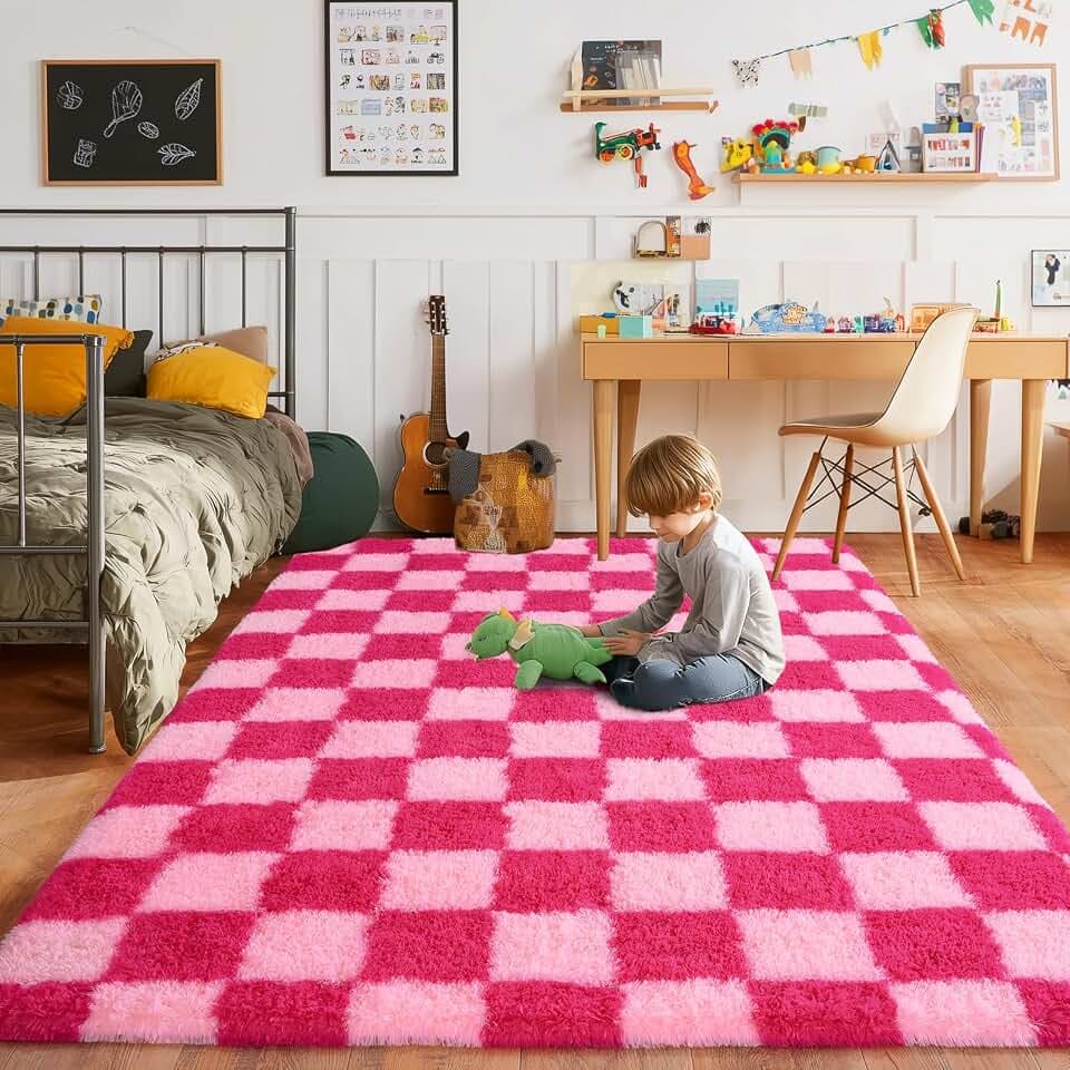 Fluffy Area Rug for Bedroom 5x7, Checkered Rugs for Living Room Hot Pink