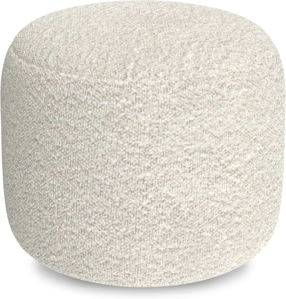 SIMPLIHOME Chantal 18" Wide Round Pouf in White Boucle Fabric