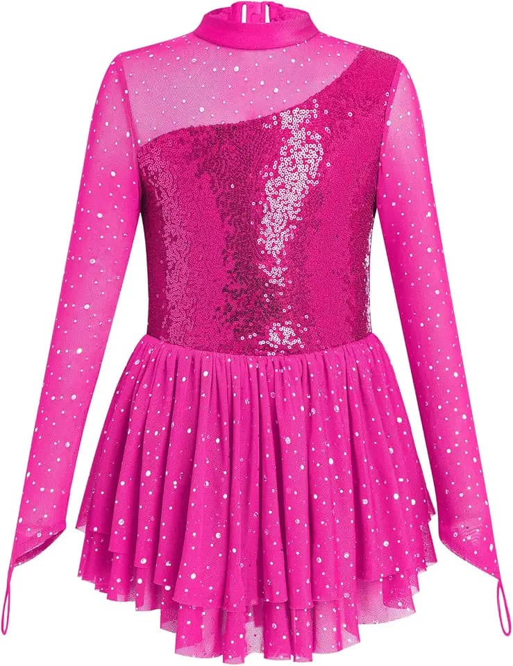 FYMNSI Eiskunstlaufkleid für Mädchen, glitzernde Strasssteine, langärmelig, Netzstoff, Tüll, Rock, Turnanzug, Gymnastik, Ballett, Tanzkleidung