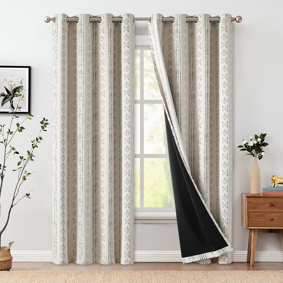 jinchan 95% Blackout Boho Curtains 96 Inch Length for Bedroom Black on Beige Geometric Printed Grommet Top Room Darkening Thermal Insulated Window Drapes 2 Panels