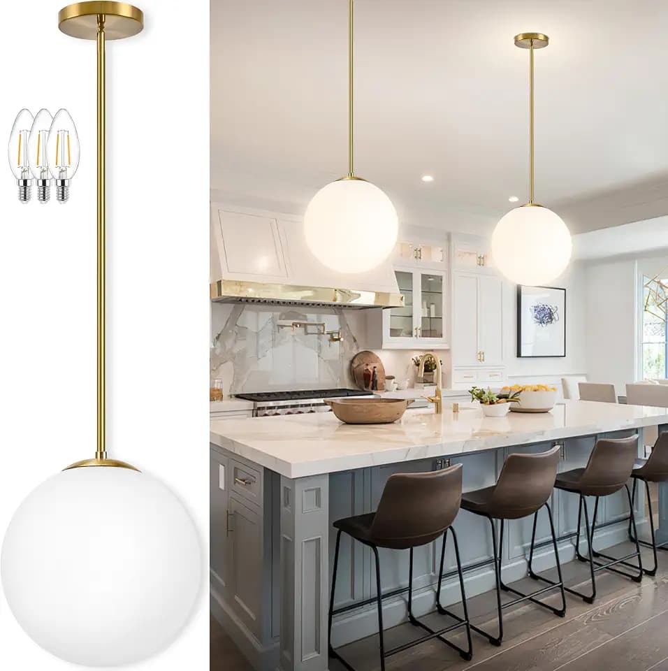Bagood 14" Globe Pendant Light 3-Light Gold Mid Century Modern Light Fixture Milk Glass Pendant Light Globe Pendant Lights Kitchen Island Brushed Brass Finished with Milk Glass Lampshade for Bedroom