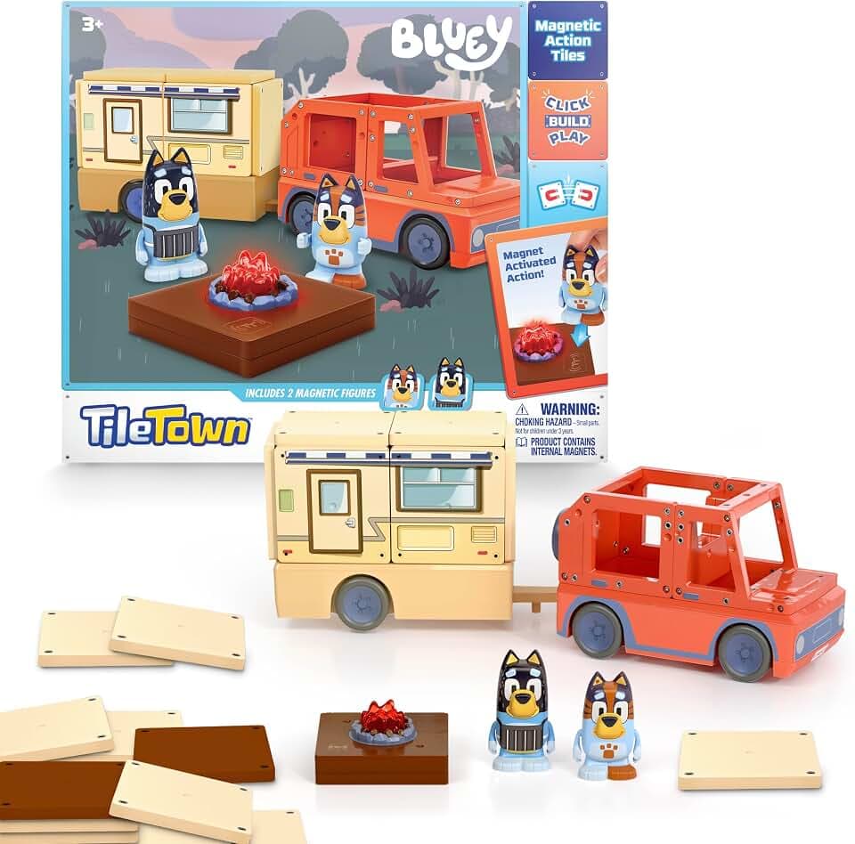 TILE TOWN Bluey Heeler Camper 13-Piece Magnetic Tile Playset, Interactive STEM Magnetic Tiles Toys, Includes Bluey & Bingo Figures, Action Tiles