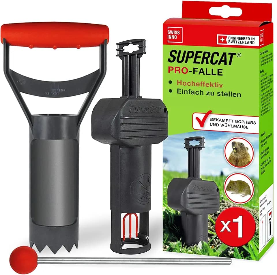 SWISSINNO Wühlmausfalle PRO SuperCat inkl. Zubehörset - Effiziente Schlagfalle gegen Feld- + Wühlmäuse, Patentierter Auslösemechansimus, Sicher + Wiederverwendbar - 1 Falle + 1 Zubehörset