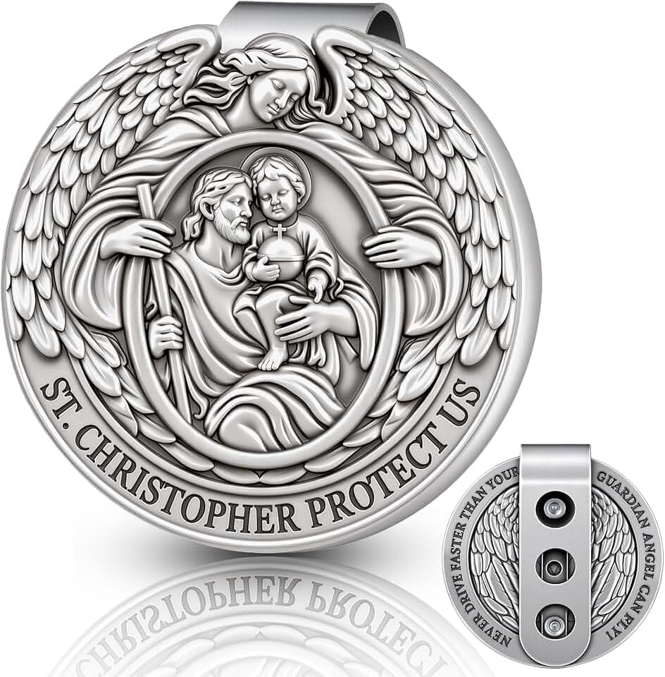 St Christopher Medal for Car & Guardian Angel Sun Visor Clip - Double-Sided Saint Christopher Medal, Visor Clip for Cars, Christian Car Accessories, Catholic Gifts, New Driver Gifts (Antique Silver)