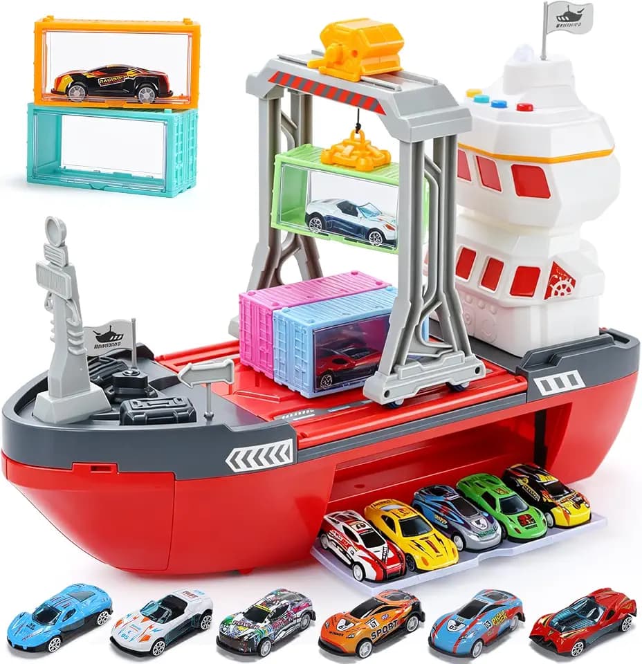 CUTE STONE Cargo Ship Toy with Gantry Crane, Lights & Sounds, Toy Boat Playset with 6 Containers, 12 Die-Cast Metal Race Cars, Kids Pretend Play Ship for Boys & Girls