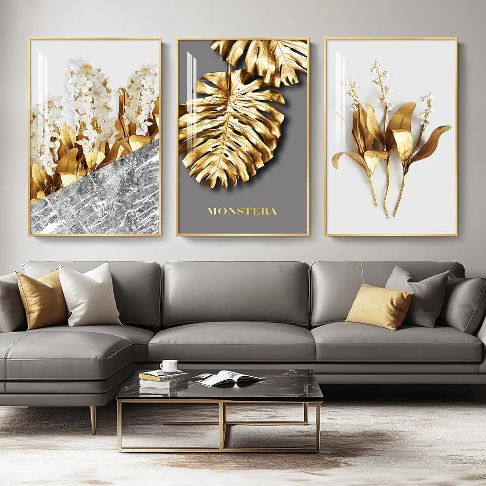 Large Framed Modern Luxury Gold Wall Art for Living Room, 3 Piece 24x36 In