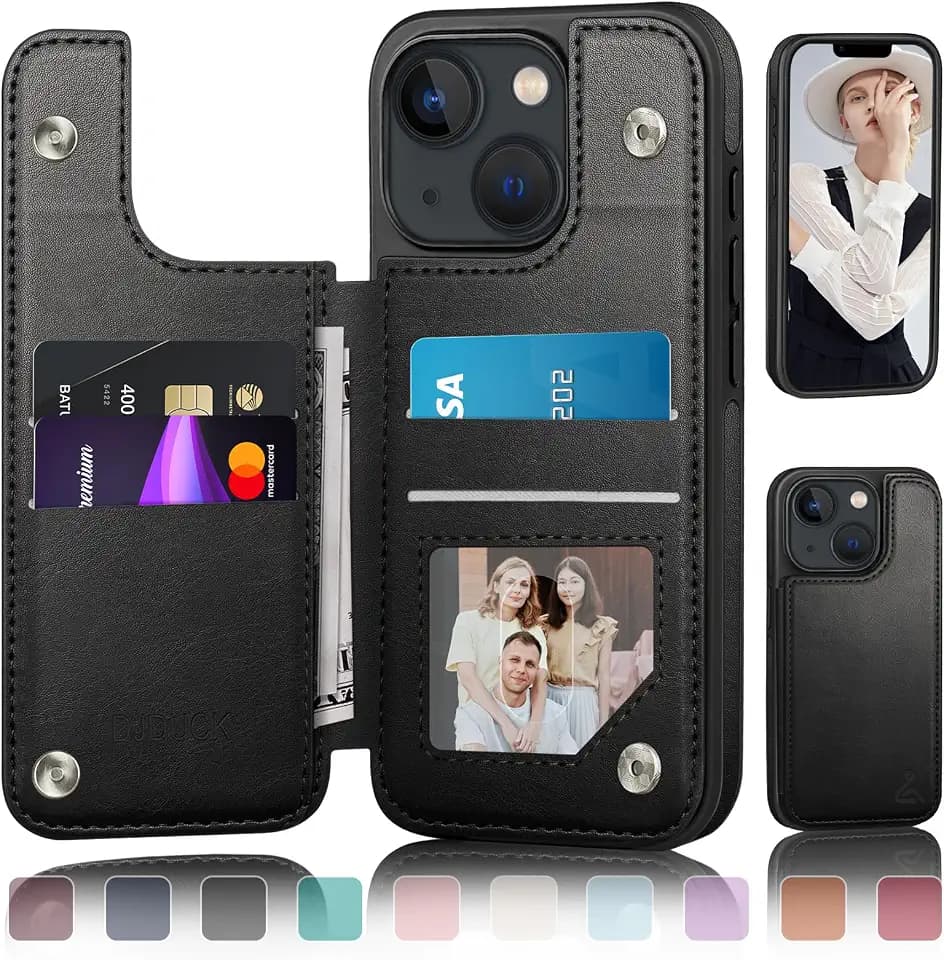 DJDUCK Designed for iPhone 13 Case Wallet with Card Holder, [Magnetic Clasp Cover] [RFID Blocking Leather Protection] Shockproof Women Men Cases 6.1 Inch for Apple 13 Black