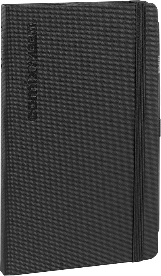 Comix Large Horizontal - Wochenkalender 2024 12 Monate, mit Gummiband und elastischer Schlaufe für Bleistift oder Stift, Thermo-Cover aus PU, doppeltes Lesezeichen - 13 x 21 cm - Schwarz Tenax