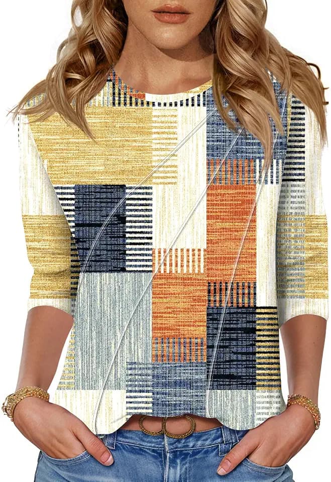 LOMON 3/4 Length Sleeve Womens Tops Spring Summer Fashion 2026 Tops Crew Neck Pleated Shirts Tunic Top Loose Fit
